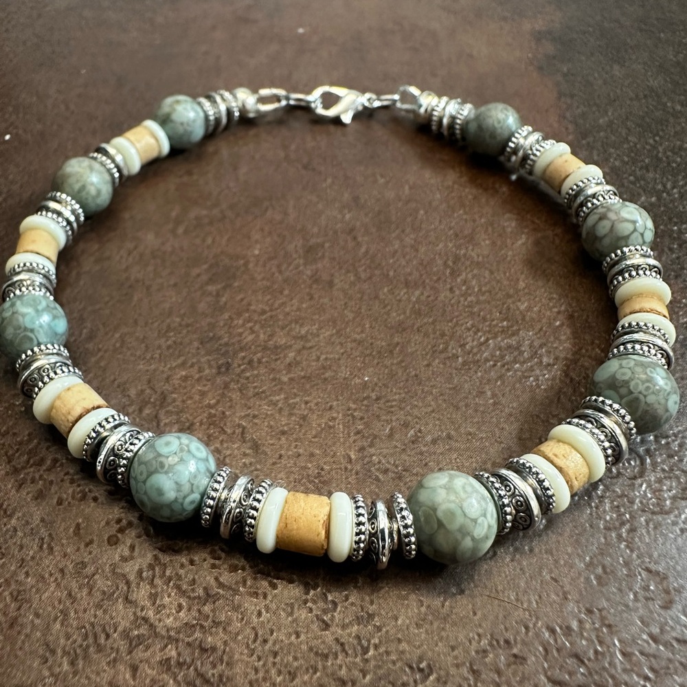 Chic Silver and Green Ocean Jasper Beaded Bracelet